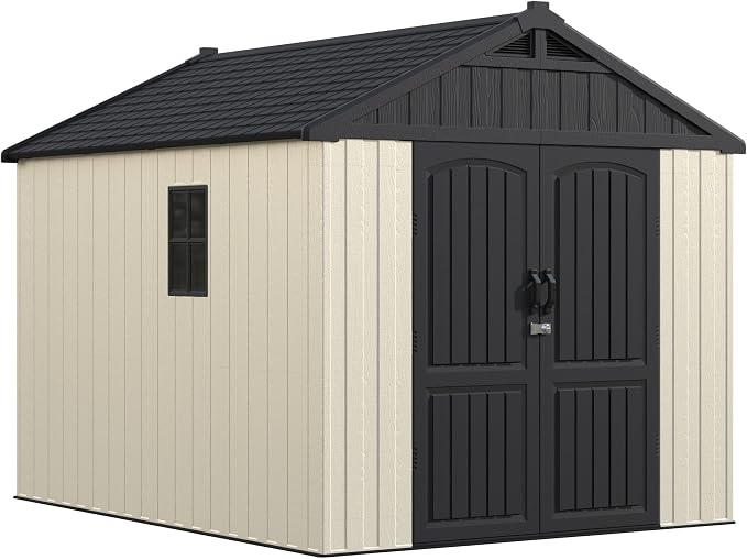 Greesum 8x10FT Plastic Outdoor Storage Shed with Floor, Resin Sheds with Window and Lockable Door, Easy Assembly, HDPE Kick-it Shed for Garden, Lawn, Backyard, Beige