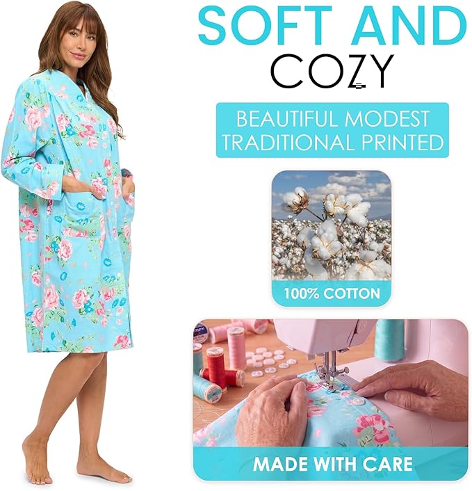 Casual Nights Women's Floral Snap Front Flannel Duster Long Sleeve Lounger Dress