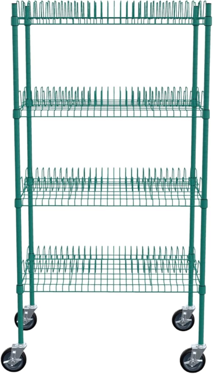 PRO&Family 24" x 36" Mobile Green Epoxy 4-Tier Commercial Drying Rack with Casters – Heavy Duty Wire Shelving for Dish Drying, Kitchen Storage & Food Service Use (1 1/4" Slots)