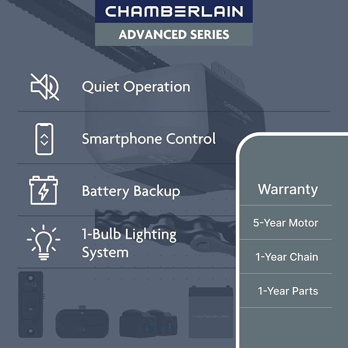 Chamberlain Chain Drive myQ Garage Door Opener, 1/2 HP w/Battery Backup | Heavy duty, myQ compatible, Quiet performance, Includes: 2 remotes, wall control & safety sensors, 5-year motor warranty