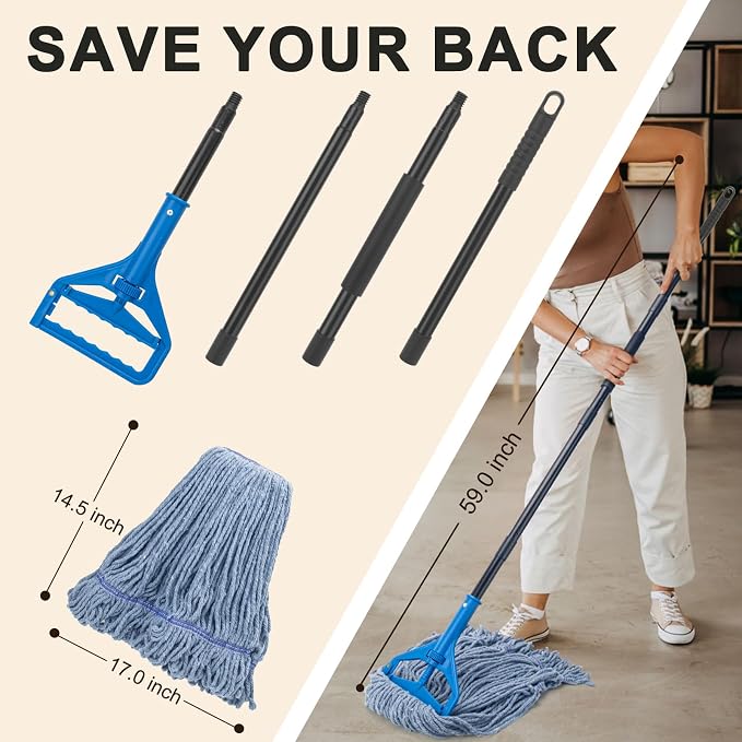 Commercial Industrial Mop with 3 Extra Large Reusable Replacement Head,59" Long Handle Heavy Duty Wet Mops,Looped-End String Cotton Mop for Floor Cleaning,House,Kitchen,Office,Garage,Tile(Blue)