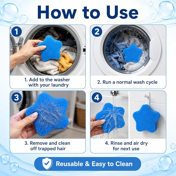 Pet Hair Remover for Laundry 4 Pack, Reusable Washing Machine Hair Catcher for Dog and Cat Fur, Laundry Lint Dander Remover for Clothes, Blankets and Pet Bedding, Blue