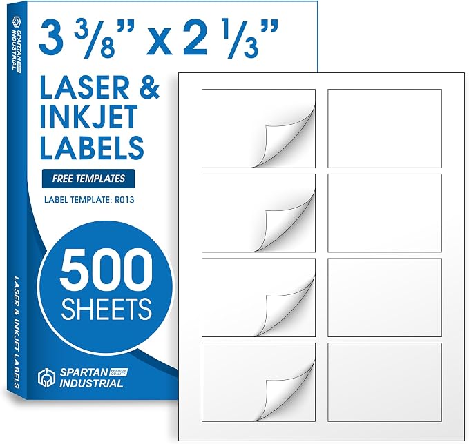 2 1/3" X 3 3/8" Matte White Printable Labels (500 Sheets, 4000 Stickers) Name Tag Stickers, Address and Shipping Labels for Laser & Inkjet Printers - Spartan Industrial Template R013