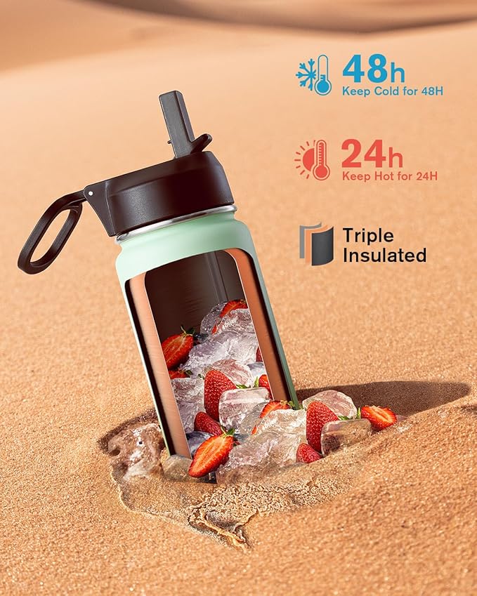 Coolflask Water Bottle 24 oz Insulated with Straw, Stainless Steel Metal 3 Lids Water Flask Wide Mouth for Sports or Office, Non-BPA Keep Cold Up to 48 Hrs or Hot Up to 24 Hrs, Ombre Green