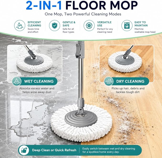 Mop and Bucket Set with Clean & Dirty Water Separation, Spin Mop with 360° Wheels & Drain, 6 Microfiber Heads,Adjustable Handle for Pet Owners, Kitchen, Bathroom, Hardwood & Tile Floors - Pink