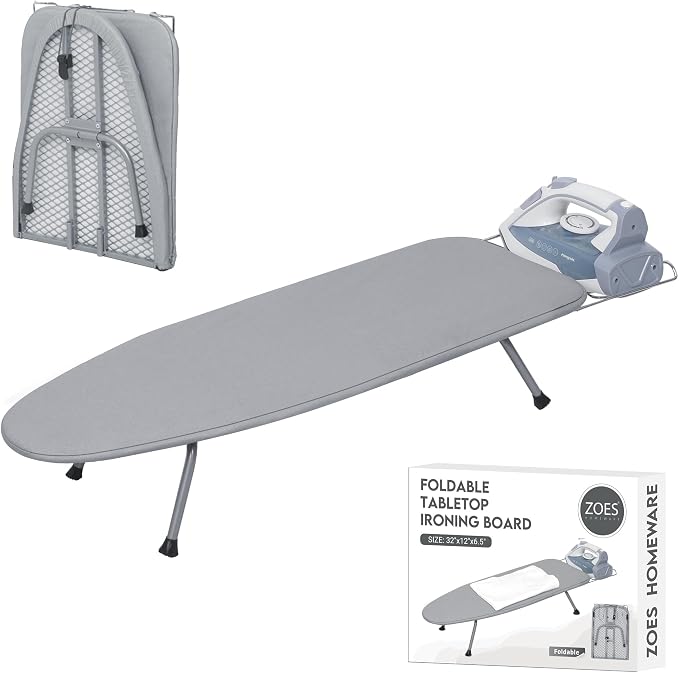 ZOES HOMEWARE Ironing Board, Small Iron Board with Iron Rest, Mini Tabletop Ironing Board with Heat-Reflective Cover and 100% Cotton 8mm Thicken Pad, 31.5"x11.8"x6.2", Silver