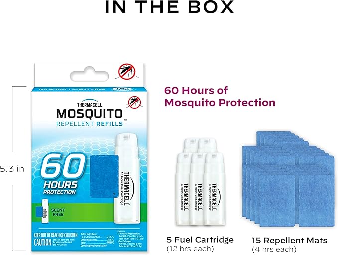 Thermacell Mosquito Repellent Refills, 60-Hour Pack; Contains 15 Repellent Mats, 5 Fuel Cartridges; Compatible with Any Fuel-Powered Thermacell Product; No Spray, Scent, Mess