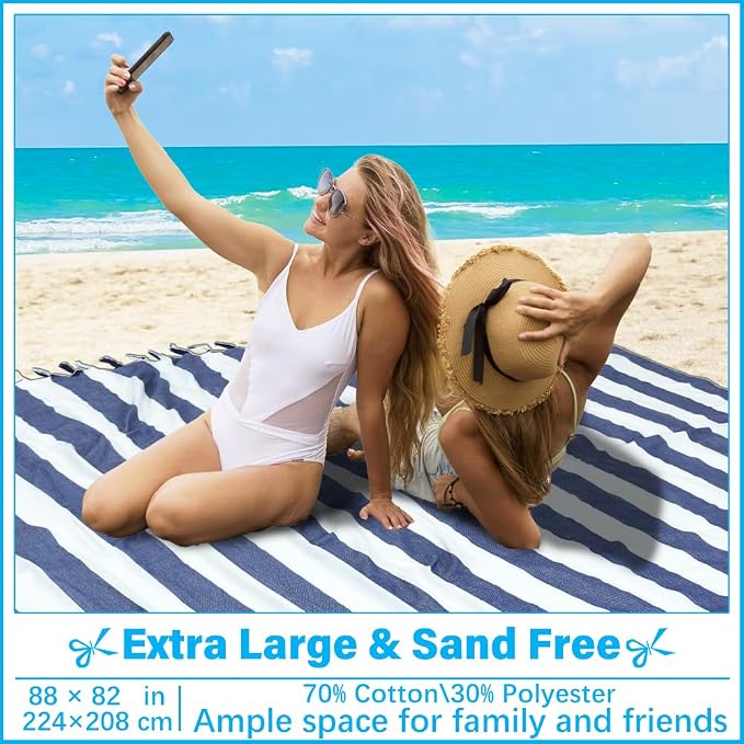 Vikumond Turkish Beach Towel Blanket Oversized 88x82 Inch Quick Dry Blue | Lightweight Compact Portable Sand Free Absorbent Boho Woven Throw for Pool Swimming Picnic Camping Cruise Outdoor Essentials
