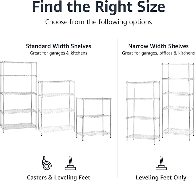 Amazon Basics 4-Shelf Adjustable Heavy Duty Storage Shelving Unit with Wheels, No-Tool Easy Assembly, Garage Shelving, Metal Wire Rack with Casters and Leveling Feet, 36" x 14" x 57.8", Chrome