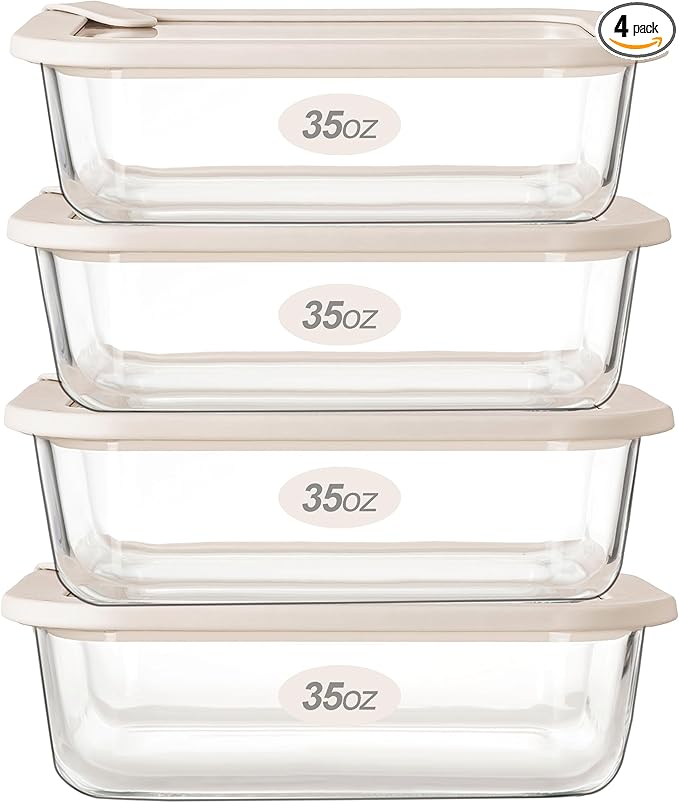 Glass Food Storage Containers with Glass Lids, Microwave Safe Food Container Set, Airtight Food Container Set, LeakProof, 100% Plastic Free, White Color, 4pack