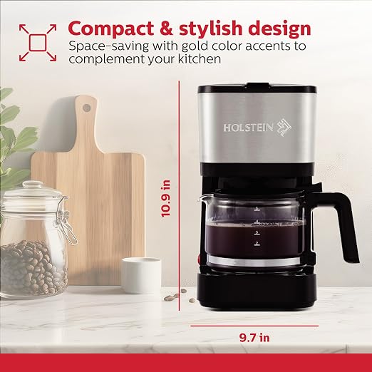 Holstein Housewares 5 Cup Coffee Maker – Compact Drip Coffee Machine with Auto Pause & Serve, Reusable Filter, Glass Carafe, Water Window & Warming Plate, Black