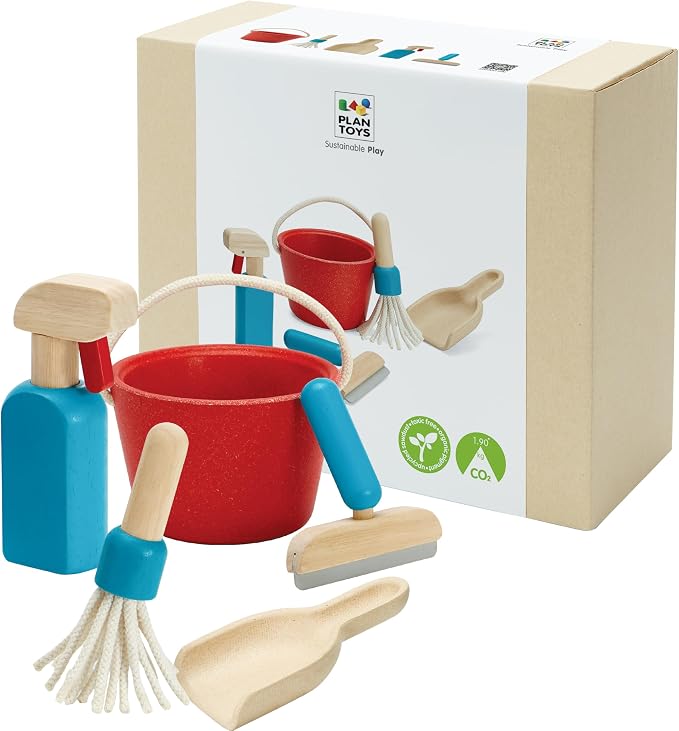 PlanToys® Cleaning Set | Montessori Wooden Housekeeping Play Set for Kids | Includes Broom, Mop, Dustpan, Bucket & Duster | Eco-Friendly Pretend Play Toy for Practical Life Skills & Responsibility | broom mop dustpan bucket duster, wooden cleaning set,...