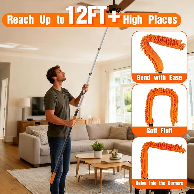 SISUPASSIE 20FT Reach Duster Cleaner Kit, Dusters for Cleaning with Extension Pole, Baseboard & Wall and Window Cleaner Mop for Fan Blades, High Ceiling and Cobweb