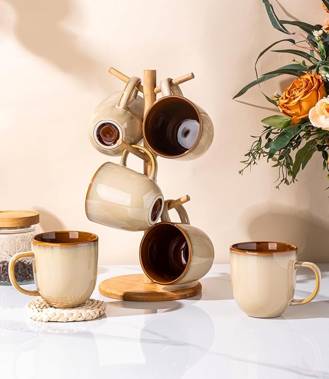 LERATIO Ceramic Coffee Mugs Set of 6,12oz Handmade Coffee Mugs Set | Large Handle for Cappuccino/Latte/Tea/Hot Cocoa,Oven &Dishwasher & Microwave Safe-Pale Kahki