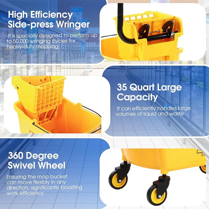 Maxdot 35 Quart Commercial Mop Bucket with Side Press Wringer on Wheels Yellow Industrial Mop and Bucket Set with Caution Sign for Floor Cleaning