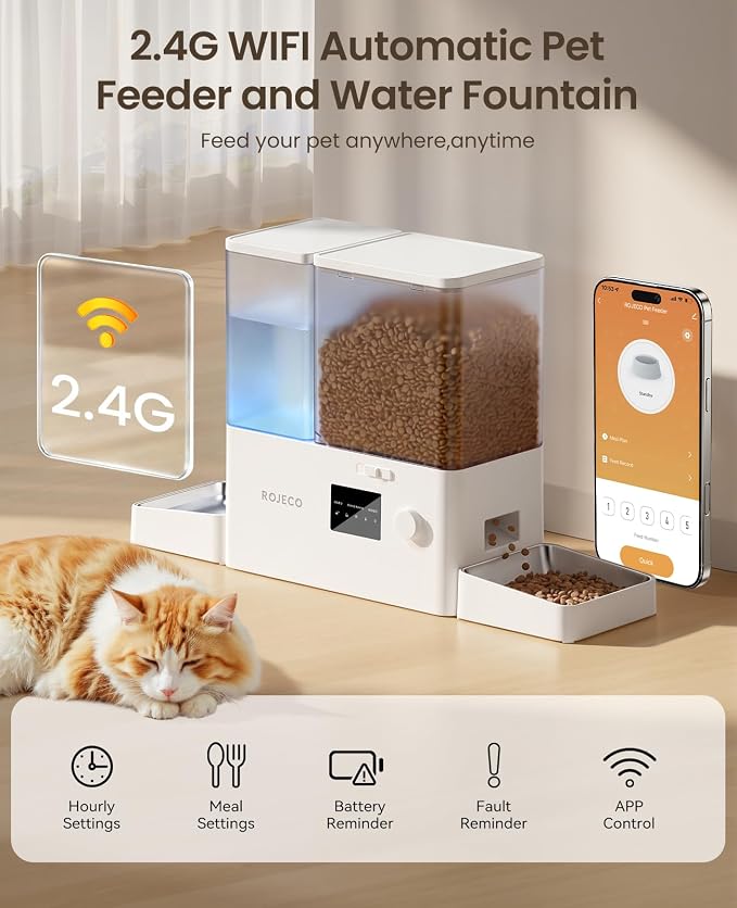 2-in-1 Automatic Cat Feeder & Water Dispenser,WiFi Control Feeding | 2.4G WiFi APP/Timed Feeding/5L Food Feeder,3.5L Water Fountain/Stainless Steel Bowls/Detachable Clean/White