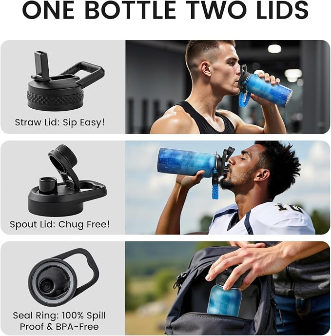 RAYMYLO Insulated Water Bottle 32 oz, Triple Wall Vacuum Stainless Steel (Cold for 24Hrs, Hot for 12Hrs), Leak Proof & Non-BPA, Modern Water Flask Jug with Paracord Handle & Straw Spout Lids