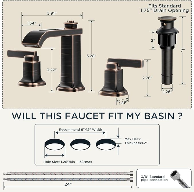 FORIOUS 3 Hole Oil Rubbed Bronze Bathroom Faucet,8 Inch Widespread Bathroom Vanity Faucets with Metal Pop Up Drain, Unique Waterfall Design