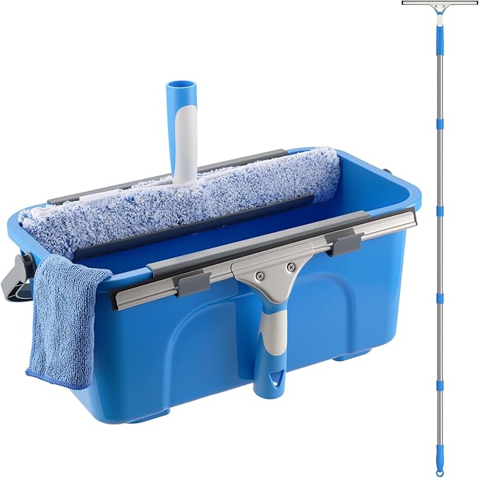 Mitclear Professional Window Cleaning Kit with Bucket 3 Gallon, 14" Window Squeegee Microfiber Scrubber with 77" Long Handle, Window Washing Equipment Cleaner Tools for Home Outdoor Car Commercial Use