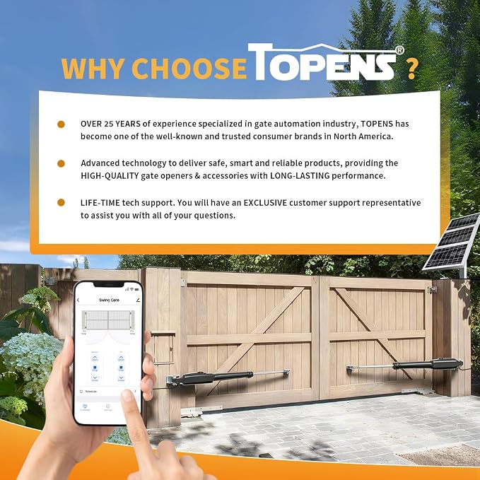 TOPENS XD852S Smart Gate Opener for Heavy Duty Solar Dual Swing Gates Up to 18ft per Arm, Automatic Gate Opener with App Control AC Powered Remote Control Kit Solar Panel Included
