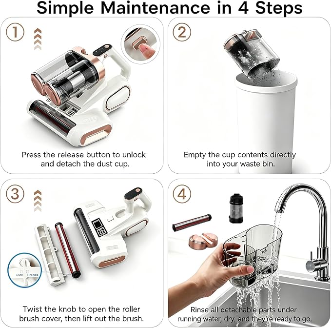 Cordless Mattress Vacuum, Rechargeable Handheld Dust Remover | Strong suction for bed, carpet, sofa, car. Portable for home & dormitory. Rechargeable battery. Lightweight. White.