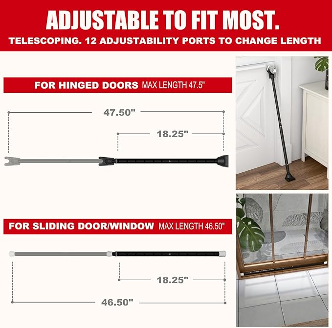 SECURITYMAN 3-in-1 Door Security Bar, Security Door Stoppers & Door Barricade – Heavy Duty Adjustable Iron Security Lock Bar for Home Defense, Apartment & Travel Safety (2 Pack - Black Stick)