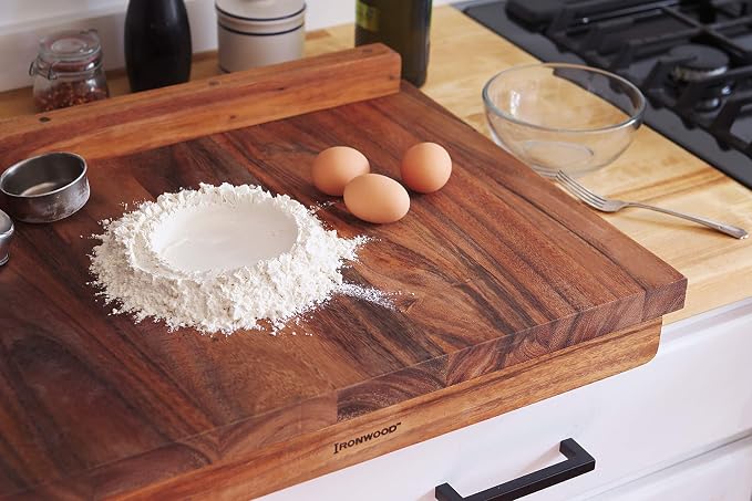 Ironwood Gourmet Double-Sided Countertop Lyon Pastry/Cutting Board With Gravy Groove, Acacia Wood 17.25 x 24 x 1.25 inches | Extra Large Wood Cutting Board With Juice Groove | Countertop Lip Keeps The Board In Place | Easily Knead Dough & Carve Meat