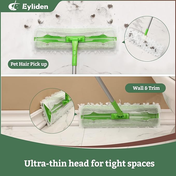 Eyliden Large Sweeper Mop, 16.5" Wide - Lock Tight Design No Lost Pads - 34 Disposable Dry & Wet Cloths, 58" Adjustable Handle, Dust Mops for Pet Hair, Hardwood Floors, Universal Refills