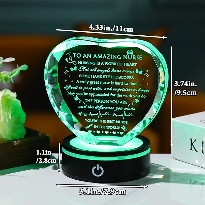 YWHL Nurse Gifts for Women with Light Base, Nurses Week Appreciation Gifts, Crystal Heart Present for Practitioner Female Nurse, Nursing School Students on Nurses Day Christmas Graduation Retirement
