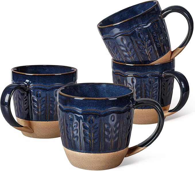 Artena Ceramic Coffee Mugs Set of 4, 16oz Embossed Large Latte Mugs Coffee Cups with Handle for Tea, Latte, Cappuccino & Cocoa, Milk Dishwasher & Microwave Safe, Blue (Wheat Leaf)