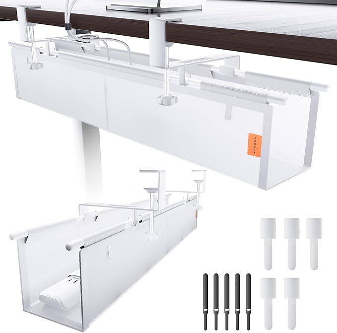 27" No Drill Under Desk Cable Management Tray (White) | Fire-Resistant Thickened Nylon Material, Clip-on Cord Organizer to Hide Power Strip, Heat Dissipation Mesh Design, for Office