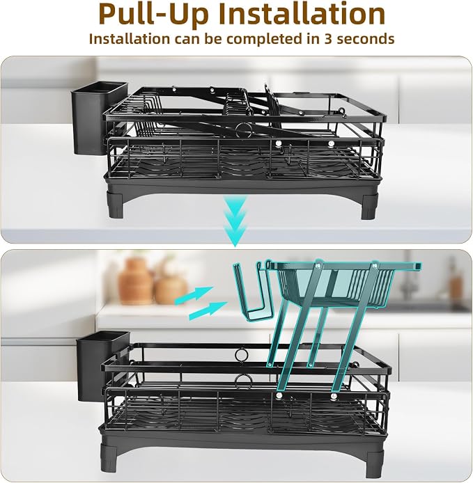 AULEEP 2-Tier Foldable Dish Drying Rack for Kitchen Counter Over the Sink | Expandable Anti-Rust Large Drainers 2-in-1 Pull Out Design with Drying Mat, Cups & Kitchen Utensil Holder