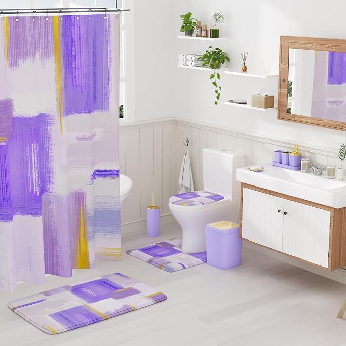 XLHOMO Bathroom Accessories Set - 25PC Bathroom Set with Shower Curtain and Rugs, Purple Bathroom Set, Bathroom Accessory Set with Press-on Lid Trash Can, Soap Dispenser and Qtip Holders
