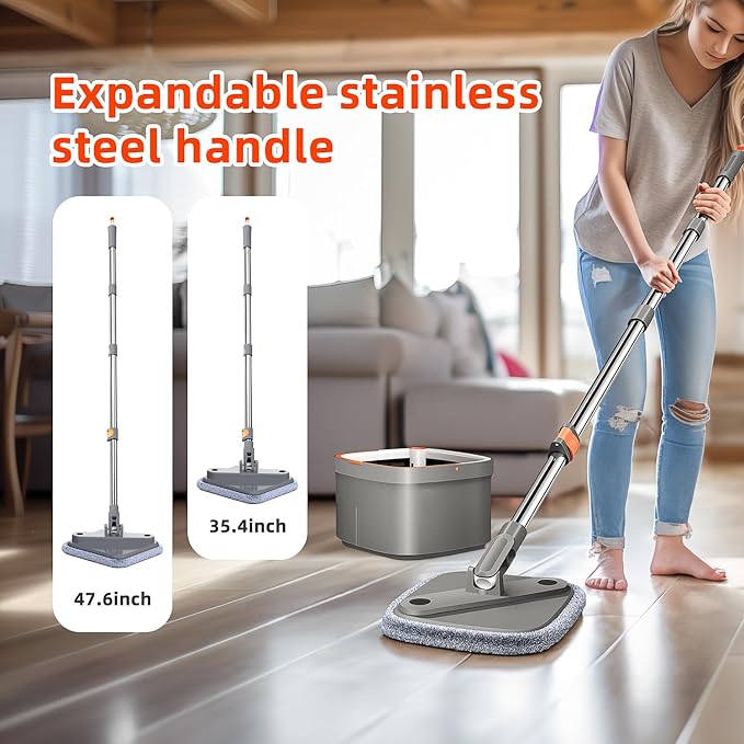 Spin Mop and Bucket Set with Self Separation Dirty and Clean Water System, Square Mop Bucket Self Wringing 360° Rotating Clean Floor Mop-Head for Hardwood Tile Marble Floors