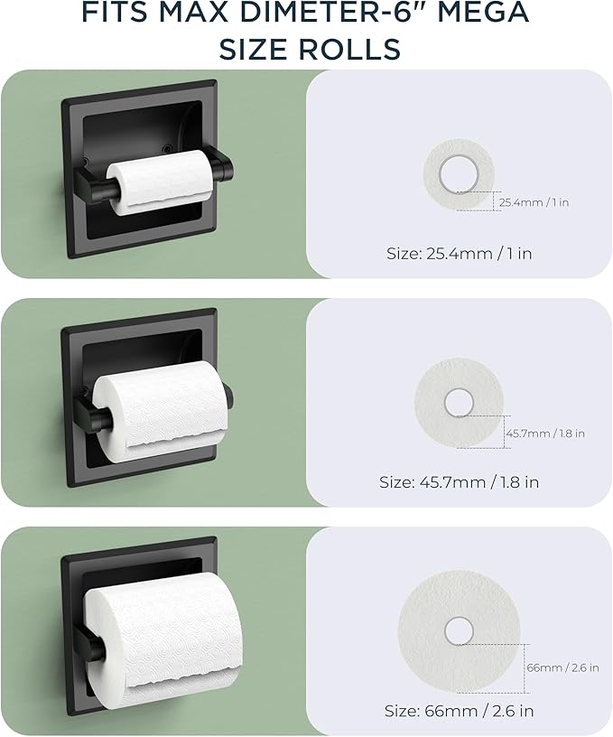 FORIOUS Recessed Toilet Paper Holder, Stainless Steel Durable Tissue Roll Holder Wall Mount for Bathroom Space Saving Design with Mounting Bracket, in Wall Toilet Paper Dispenser Insert, Matte Black