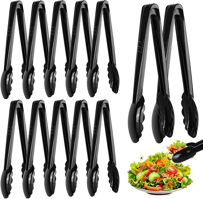 Mwellewm 12 Pc Serving Tongs 9 Inch Bulk Reusable or Disposable Plastic Tongs Heavy Duty Hard Plastic Serving Utensils Set Large Salad Tong for Kitchen Party Food Buffet Appetizer Catering(Black）