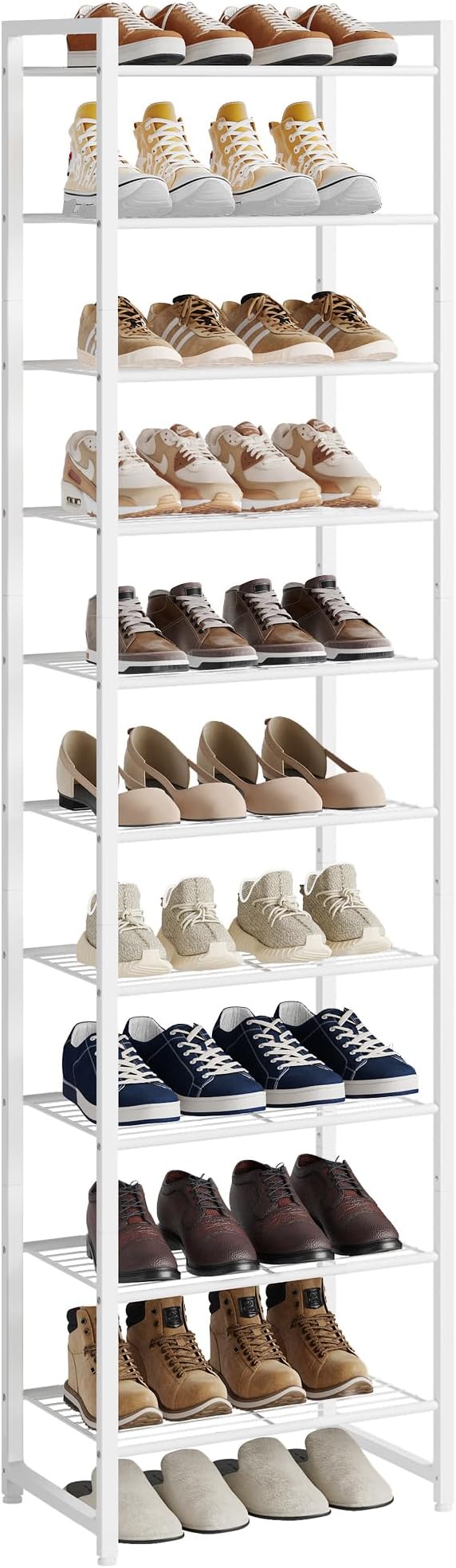 Nunsino Narrow Shoe Rack, 10-Tier Metal Shoe Organizer,Tall Shoe Shelf with Anti-Tip Strap, Max Holds 22 Pairs,Space Saving for Closet,Entryway,White