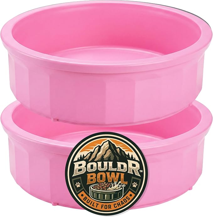 Pet Crock Bowl - 2 Pack – Thick Durable Plastic Non-Tip Food & Water Dish for Dogs, Cats - Indoor/Outdoor - Chew Resistant, Easy Clean BouldrBowl from Healthy Surplus® (Pink, 96oz Jumbo)