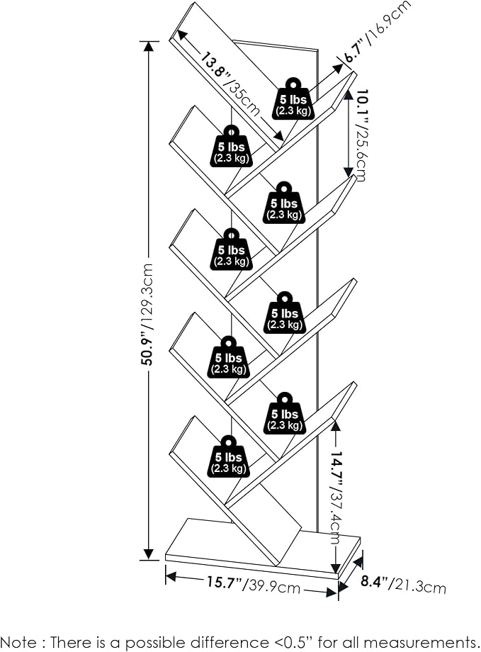 Furinno TREE Book Shelf, 9-Tier Bookshelf, Tree Bookcase with Angled Open Shelf, 8.4 x 15.7 x 50.9, Corner Shelf for Room Decor, for Living Room, Bedroom, Home Office, French Oak
