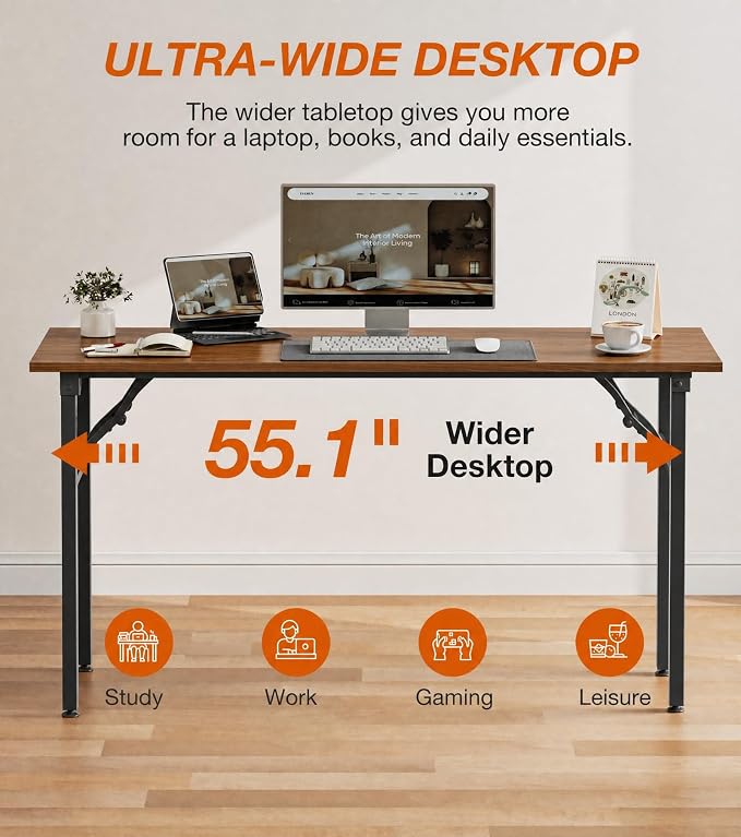 XBurmo Folding Desk Foldable Table, No Assembly 55.1" Foldable Desk Space-Saving Workstation for Small Space, Computer Table, Flat Storage for Home Office, Bedroom, Dorm, Study Room, Dark Walnut