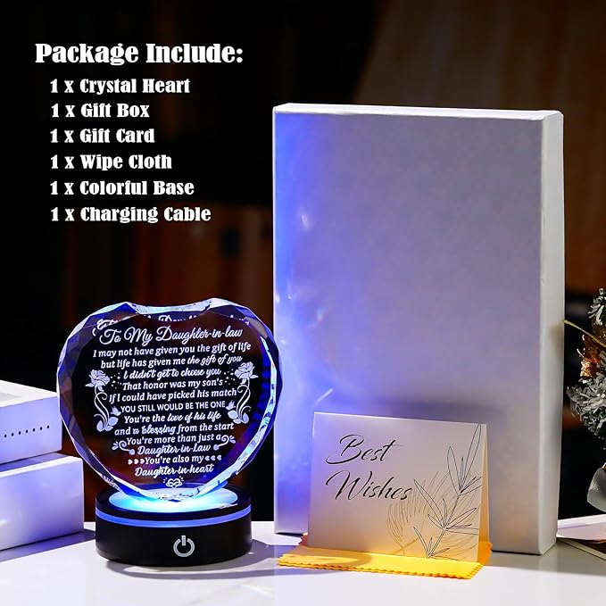Arikyrist Crystal Heart Gifts for Daughter in Law from Mother in Law with LED Light Base on Wedding Birthday Mother's Day, to My Bonus Daughter Gift Idea Unique Keepsake