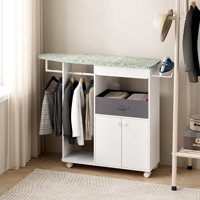 Rolling Ironing Board with Storage Cabinet, Wooden Ironing Board Cabinet with Drawer, Compact Space-Saving Ironing Table with Iron Rest Rack for Laundry Room, Living Room (One Size, Leaf)