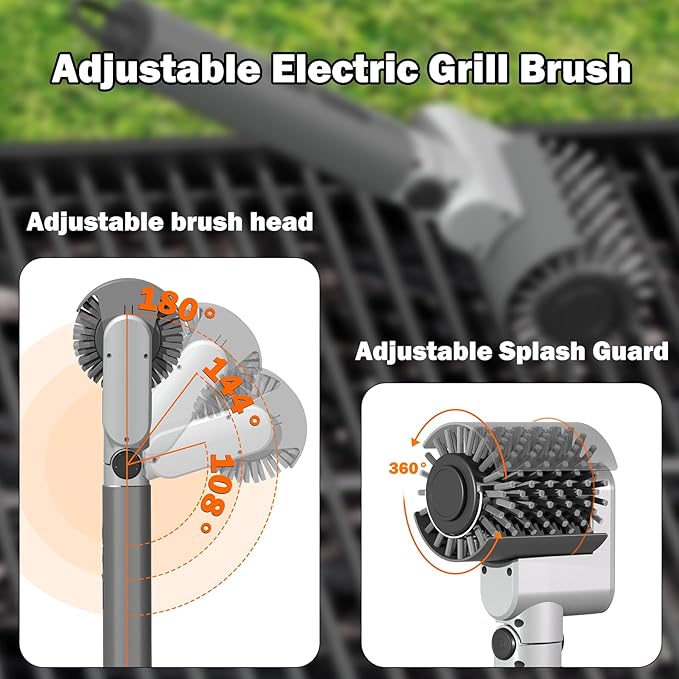 Electric Grill Brush, BBQ Grill Cleaner with 3 Heads, 3-Speed & Angle Adjust Cordless Rotary Grill Brush, IP67 Waterproof, 150Mins & 58W Motorized Grill Cleaning Brush Kit with 5200mAh Battery
