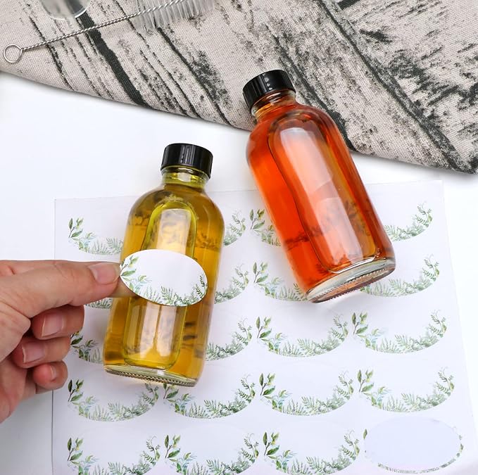 Small Clear Glass Bottles with Lids, 4 oz Glass Containers with Labels, Funnels and Brushes, Round Sample Bottles for Juice, Oils, Ginger Shots, Whiskey, Liquids, 50 Pack
