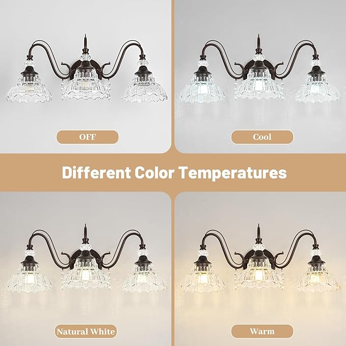 Vintage Bathroom Vanity Light, 3-Light Oil Rubbed Bronze Finish Wall Sconce with Hanging Crystal Accents and Flower-Shaped Clear Glass Shades, Retro Wall Mount Vanity Light Over Mirror for Bathroom