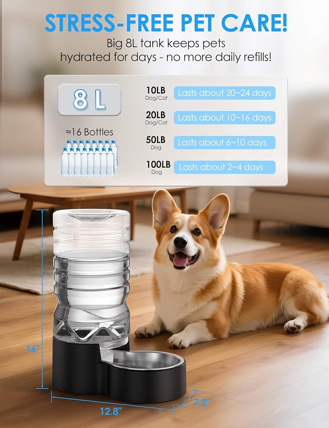 Heouvo 2.1 Gallon Automatic Dog Water Dispenser (8L-Black) | Wide Mouth, Easy Clean/ Removable Stainless Steel Bowl/ Gravity Refilling, Large Capacity for Cats and Dogs, Multi-Pet Homes