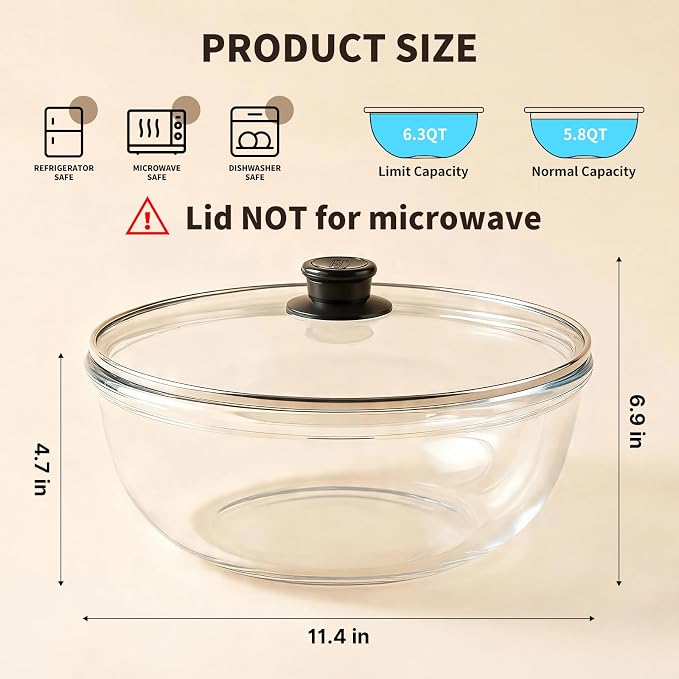 6.3 QT Glass Mixing Bowl with Lids, Large Glass Bowl for Sourdough Bread | Thick Glass Salad Bowl, Extra Large Glass Bowl Ideal for Kitchen Storage, Baking, Food Prep, Dishwasher Microwave Freezer