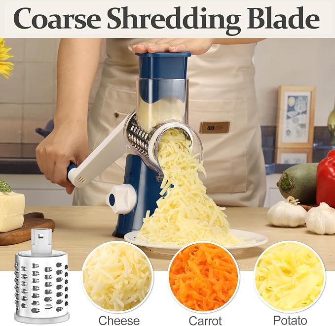 Cambom Rotary Cheese Grater Hand Crank Cheese Shredder for Fresh Cheese, Vegetable, Nuts,Non-slip Suction Base, Five Blades, Dark Blue