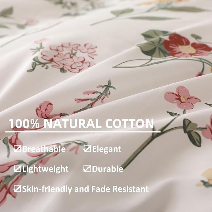 OAITE Duvet Cover Twin Size - 100% Cotton Comforter Cover Floral Duvet Cover Sets 3-PC, Breathable Duvet Cover with Zipper Closure & Corner Ties
