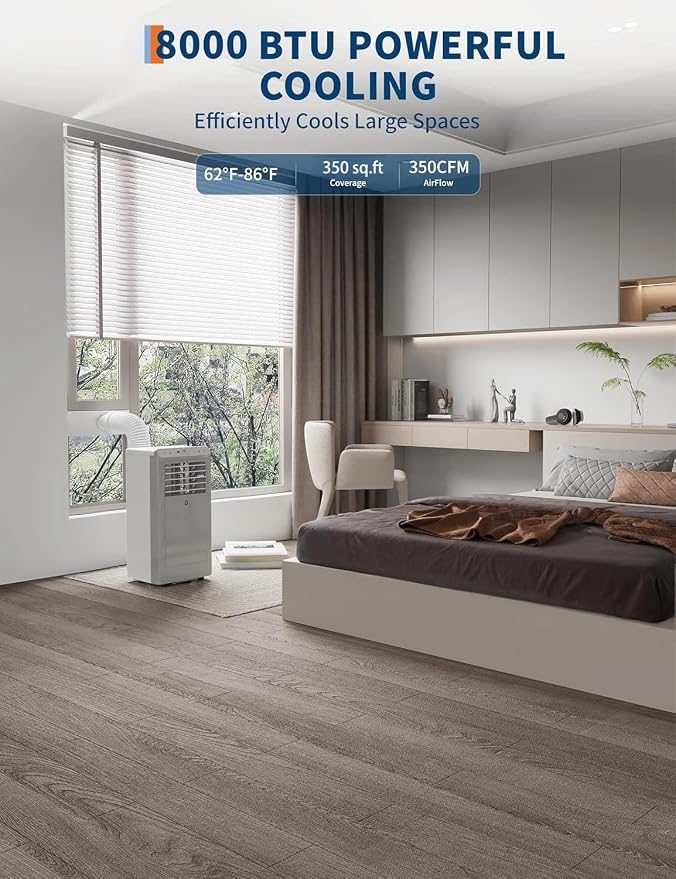 Garvee 8,000 BTU Portable Air Conditioner, 3-in-1 Portable AC Unit with Cool, Dehumidifier & Fan Modes, Covers Rooms up to 350sq.ft, Sleep Mode, Remote Control, Timer & Full Window Kit